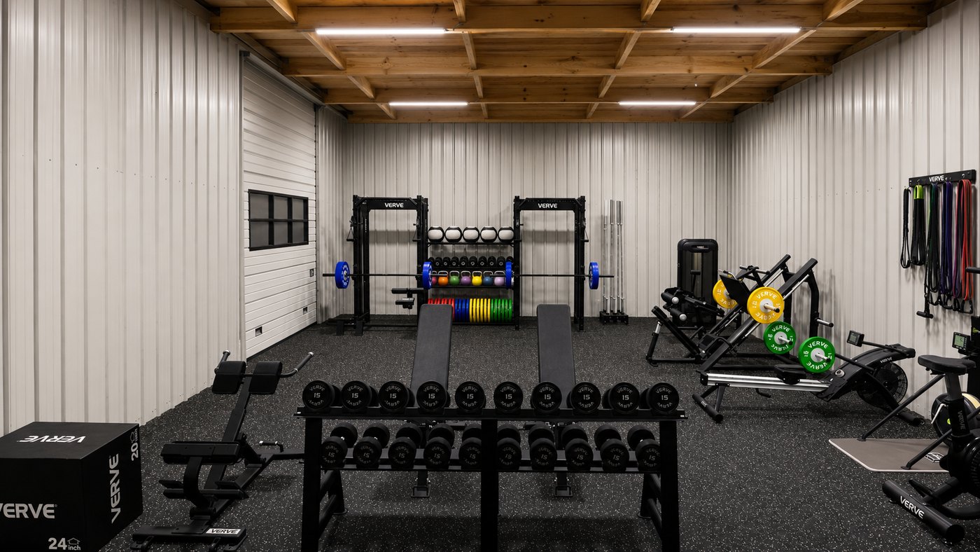 A 3D design visualisation of a VERVE gym fitout — rig, dumbbell line, leg press and conditioning equipment laid out before install.